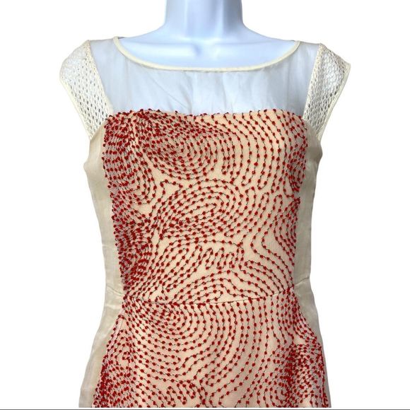 Anthropologie WESTON Illusion Semi Sheer Embroidered Midi Dress Cream Red XS - Picture 3 of 14